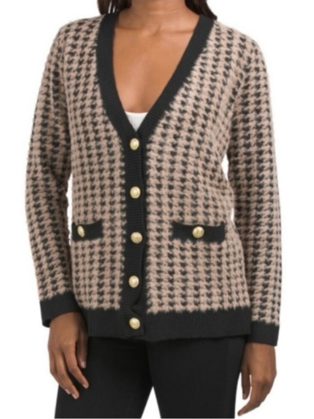 Tahari Tan and Black Houndstooth Fuzzy Long Sleeve Cardigan